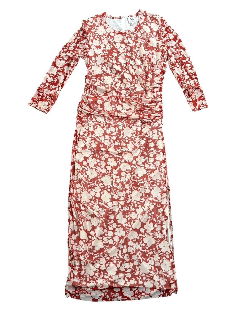 Ya Los Angeles Terracotta and Cream Floral Ruched Long Sleeve Maxi Dress